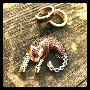 14K Gold Enamel Leopard Pendant and Earrings